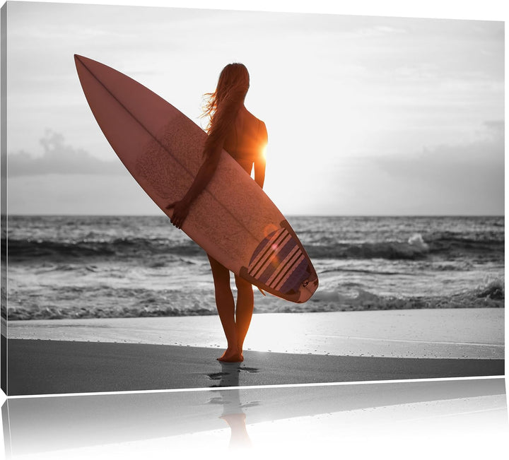Pixxprint Surferin vor Sonnenuntergang als Leinwandbild/Grösse: 100x70 cm/Wandbild/Kunstdruck/fertig