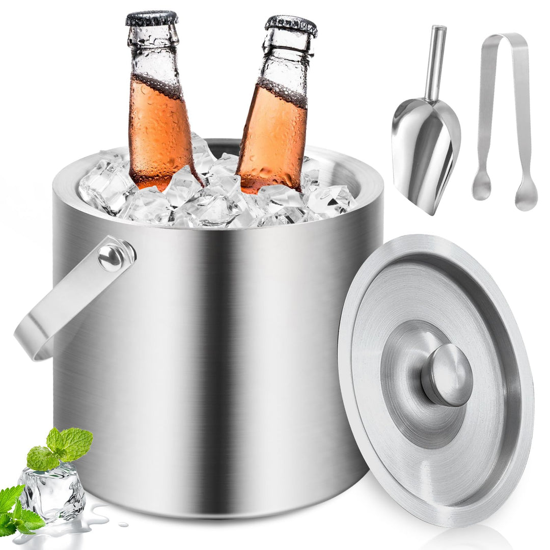 3L Eiswürfelbehälter mit Deckel, Edelstahl Eiswürfelbehälter Doppelwandig Isoliert, Eiskübel mit Dec