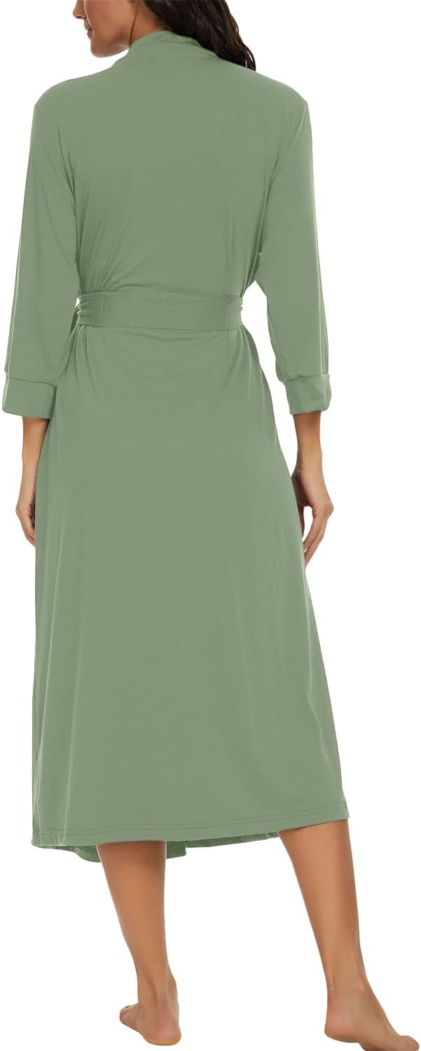 PrinStory Damen Bademantel Leichter 3/4 Ärmeln Morgenmantel V-Ausschnitt Kimono Roben Langes Nachtwä