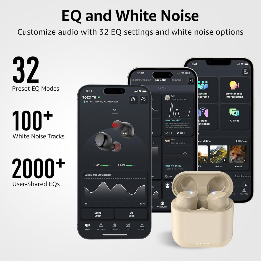 TOZO T6 Bluetooth Kopfhörer Kabellos In Ear Kopfhörer Touch Control mit Kabellosem Ladecase, IPX8 Wa