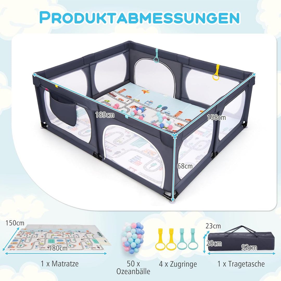 DREAMADE Laufstall Baby, 189 x 158 cm Laufgitter mit Matratze & 4 Zugringen & 50 Ocean Bällen & Trag
