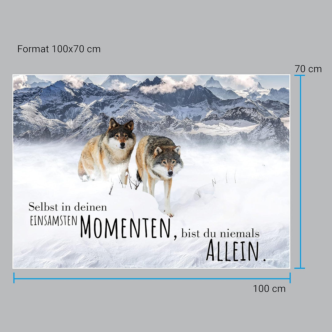 wandmotiv24 Poster als Wanddeko, Grösse 100x70cm, Wolfsrudel, Niemals allein, Wölfe, Wolf, Berge, Ti