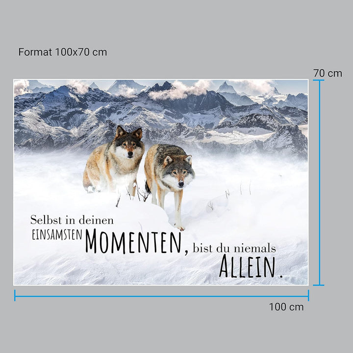 wandmotiv24 Poster als Wanddeko, Grösse 100x70cm, Wolfsrudel, Niemals allein, Wölfe, Wolf, Berge, Ti