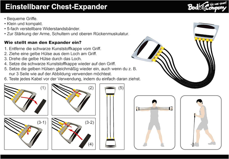 Bad Company Chest Expander I 5-Fach verstellbare Widerstandsbänder mit Griffen I Fitnessbänder für d