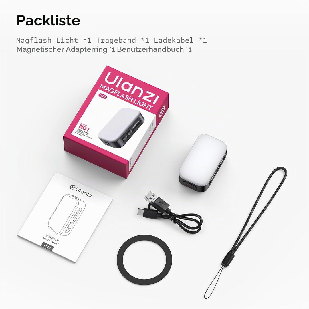 Ulanzi M02 Mini Magnetisches Selfie Licht mit Blitzlicht, 7W Handy Licht mit 5600K Tageslicht, Kabel