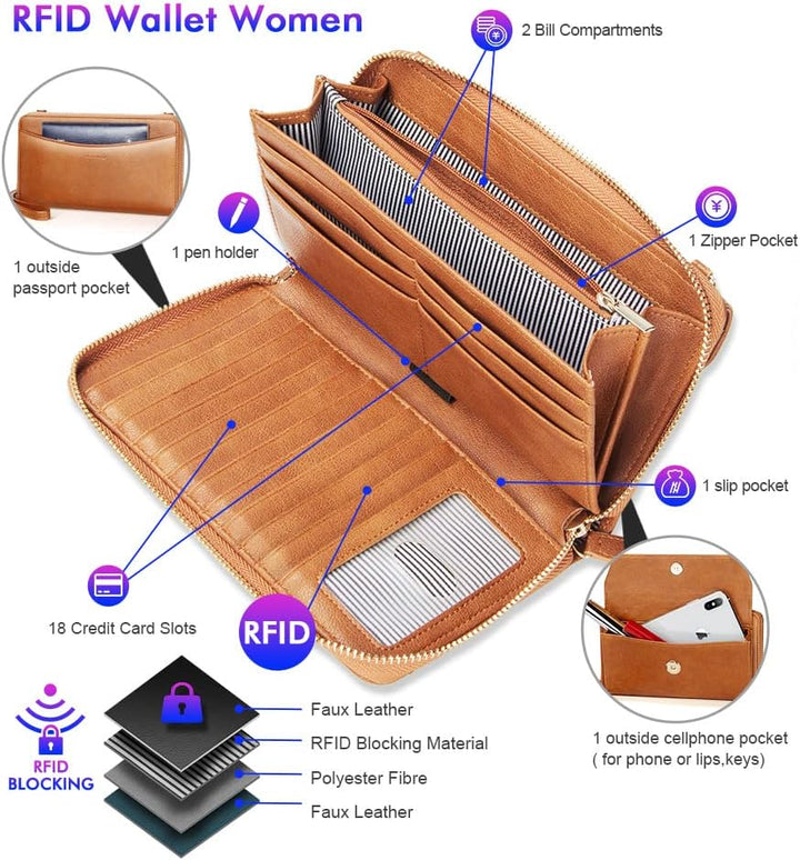 nuoku Geldbörse Damen, Portemonnaie PU Leder RFID Schutz Grosse Kapazität Brown, Brown