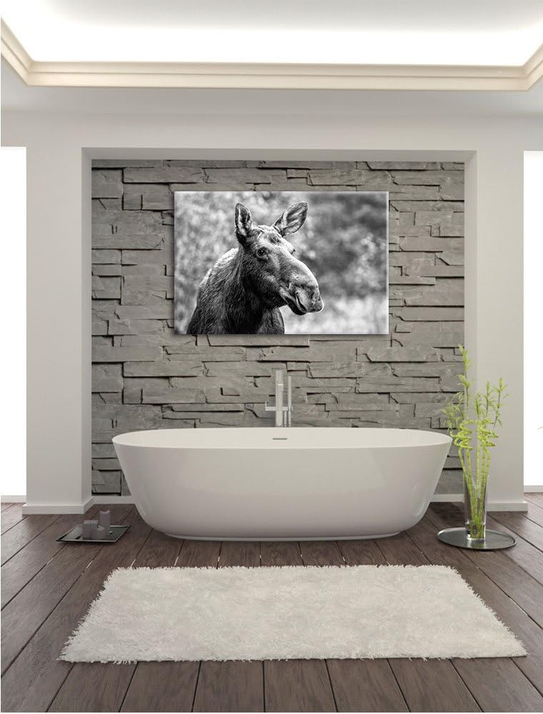 Elch im Wald Kunst B&W, Format: 100x70 auf Leinwand, XXL riesige Bilder fertig gerahmt mit Keilrahme