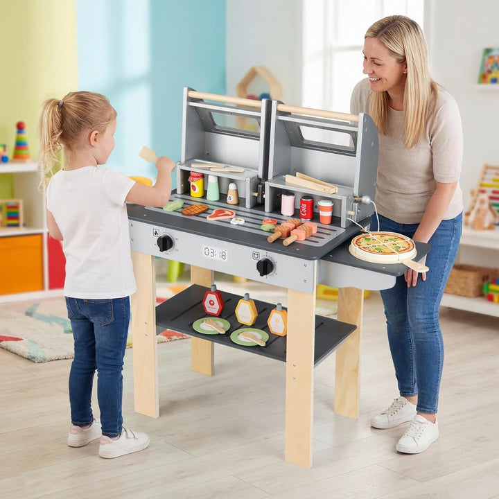 COSTWAY Barbecue Kindergrill, Grillspielzeug mit Grillbesteck & Spiel-Lebensmitteln, Matschküchemit
