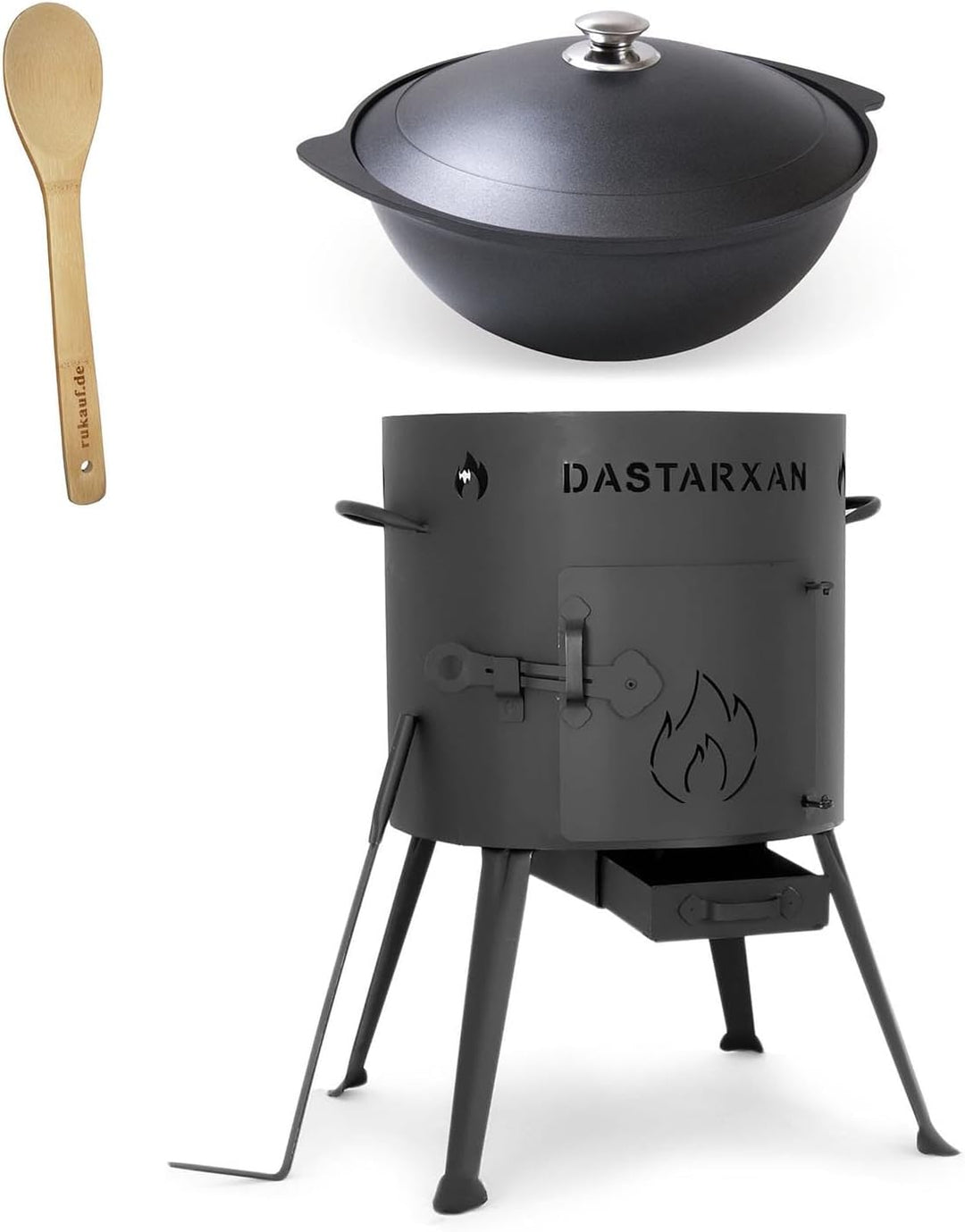 Set Utschak, 37 cm + 9 Liter ANTIHAFT Kasan Kazan aus ALU + Löffel/Feldküche Gulasch-Kessel Feuer-Of