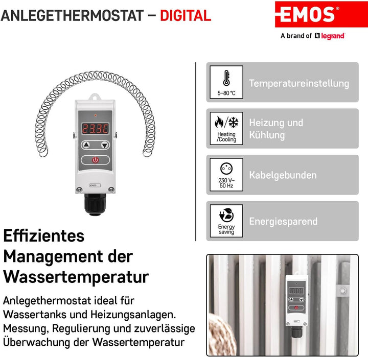 EMOS P5683 Anlegethermostat mit einstellbarer Schaltempfindlichkeit, Schraubenfeder und digitalem Di