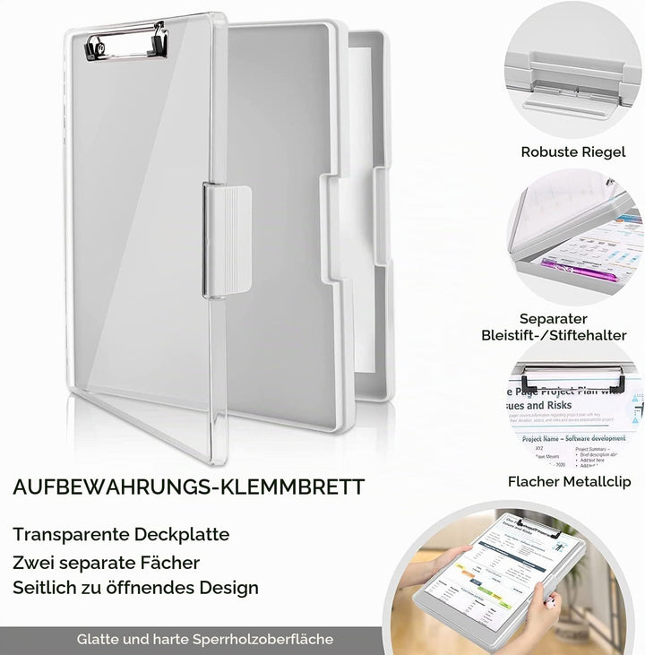 Klemmbrett A4 mit Aufbewahrungsfach, 2 Lagerung und seitlicher Öffnung - Der Dateipanel ist durchsic