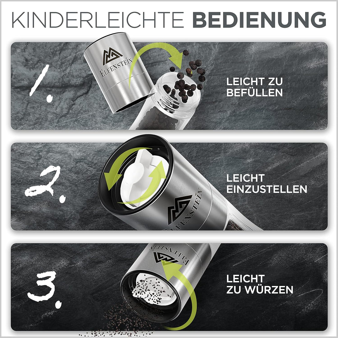 Edelstahl Salz und Pfeffermühle Set mit Keramikmahlwerk - stufenlos einstellbar, Pfeffer und Salzmüh