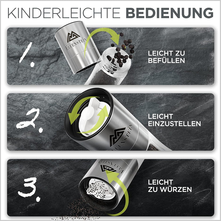 Edelstahl Salz und Pfeffermühle Set mit Keramikmahlwerk - stufenlos einstellbar, Pfeffer und Salzmüh