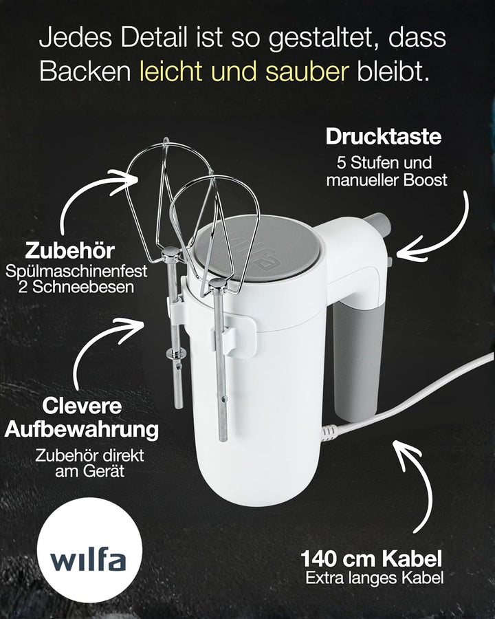 Wilfa Handmixer Easy Mix 350 I 350 Watt I 5 Geschwindigkeiten I Boost-Funktion und Auswurf-Funktion