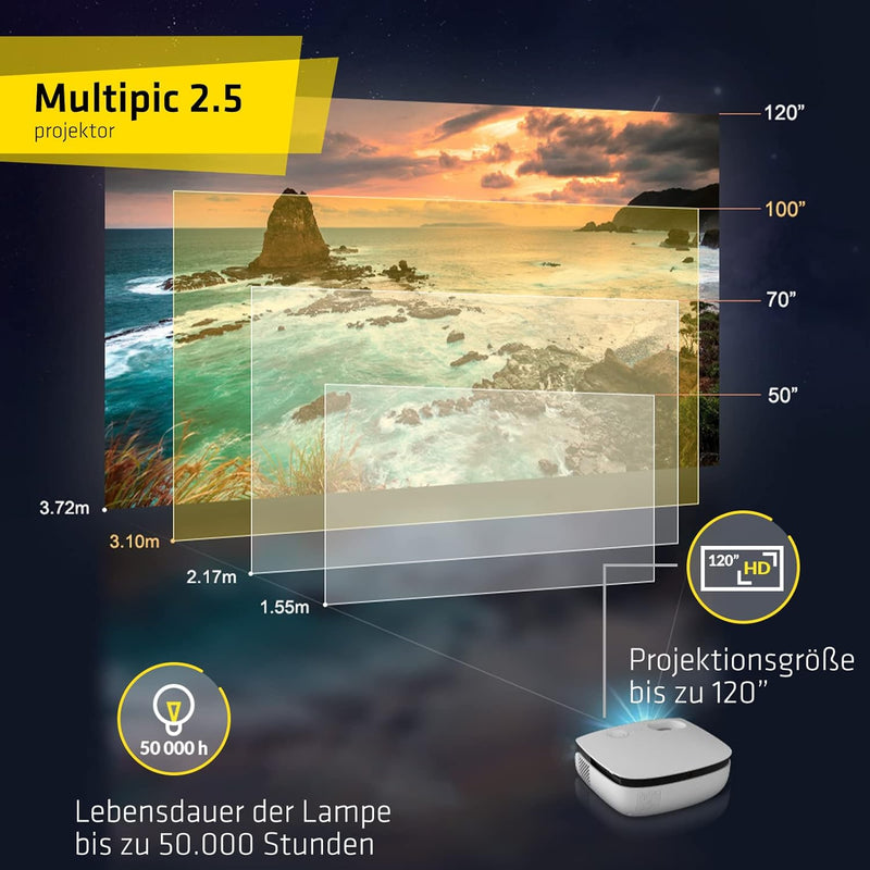 Overmax Multipic Full HD Beamer, LED Projektor, Bildgrösse von 35 bis 120 Zoll, Fernbedienung, Heimk