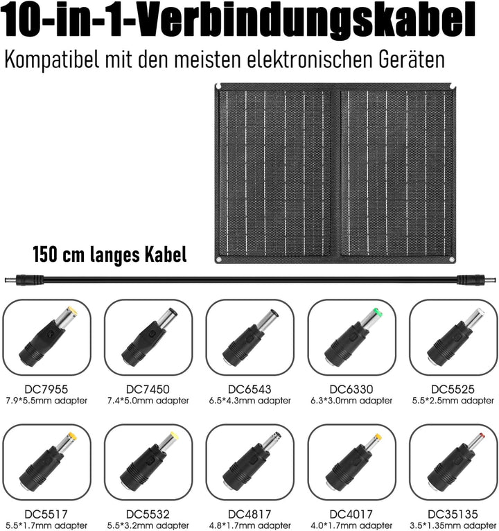 Tragbares Solarpanel 21W, faltbares Solarladegerät mit QC3.0 USB und DC-Anschluss für Mobiltelefone,