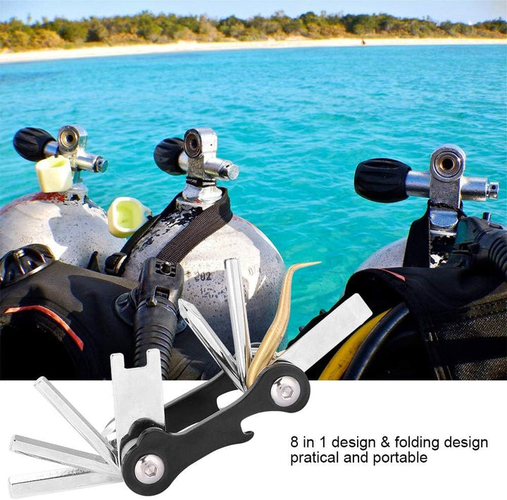 Scuba Diving Multi Tool, 63x37x22mm Stainless Steel Portable Folding Allen Key Wrench 8 in 1 Repair