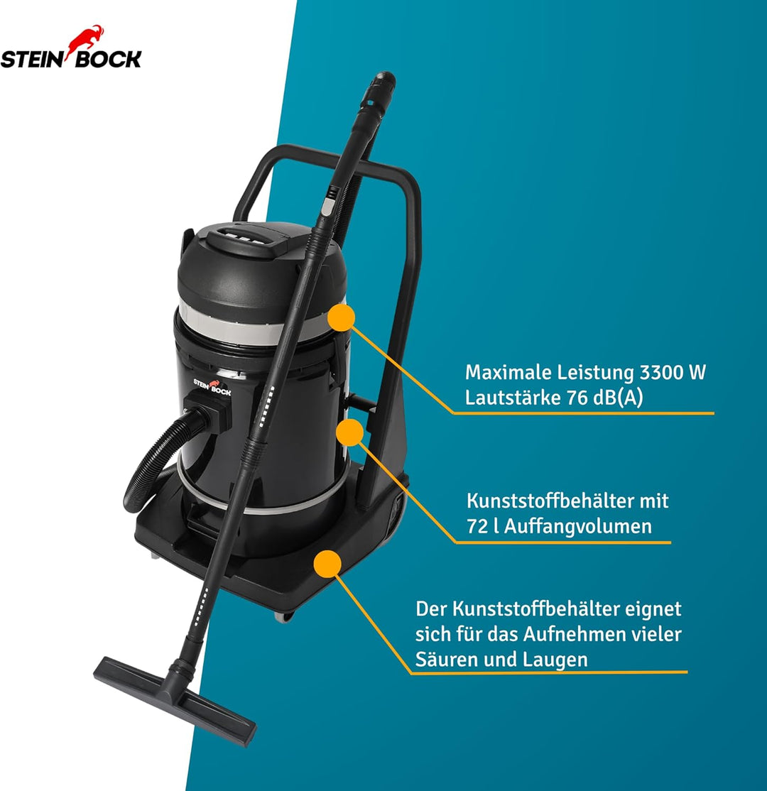 Steinbock Industriesauger nass & trocken| 3.300 Watt | 72 l Fassungsvermögen | mit 3 leistungsstarke