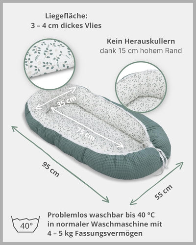 ULLENBOOM ® Babynest & Kuschelnest (55x95 cm) Floral-Grün (Made in EU) - Babynestchen für Neugeboren