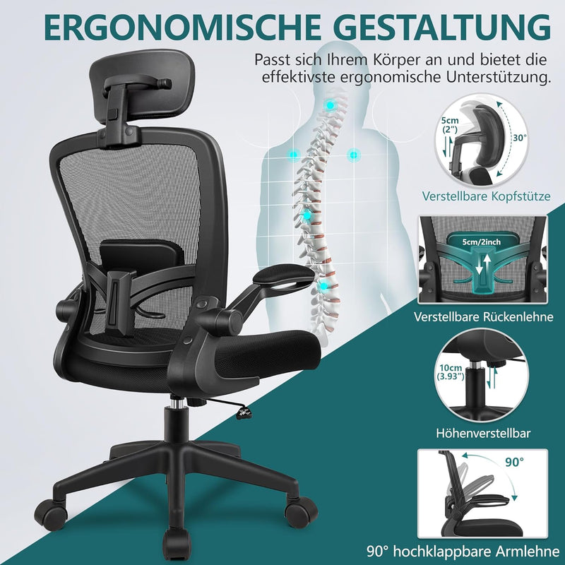 FelixKing Bürostuhl Ergonomischer schreibtischstuhl mit Verstellbarer Kopfstütze, Armlehnen, Lendenw