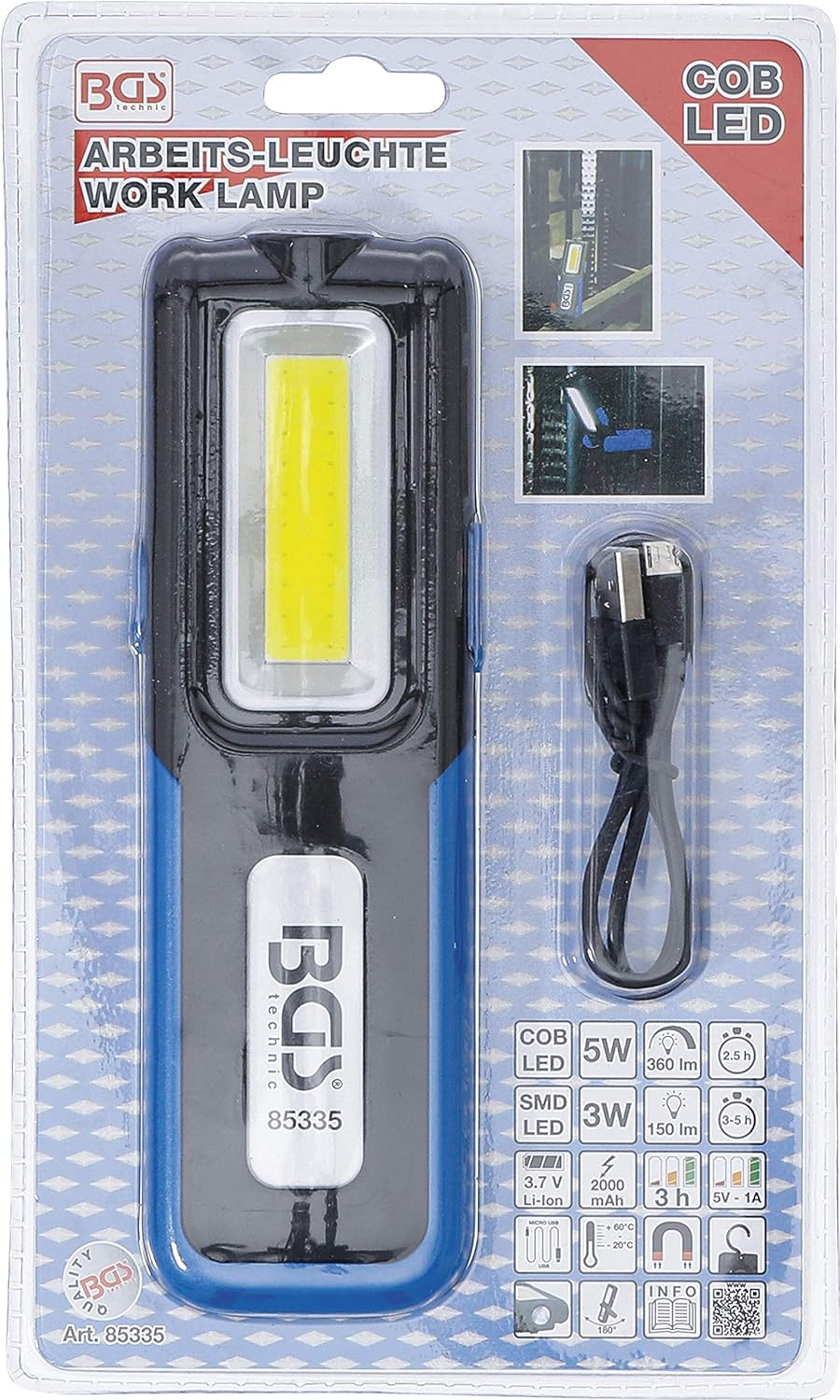 BGS 85335 | COB-LED Arbeits-Leuchte | klappbar | mit Haken und Magnet | 180° drehbares Griffstück in