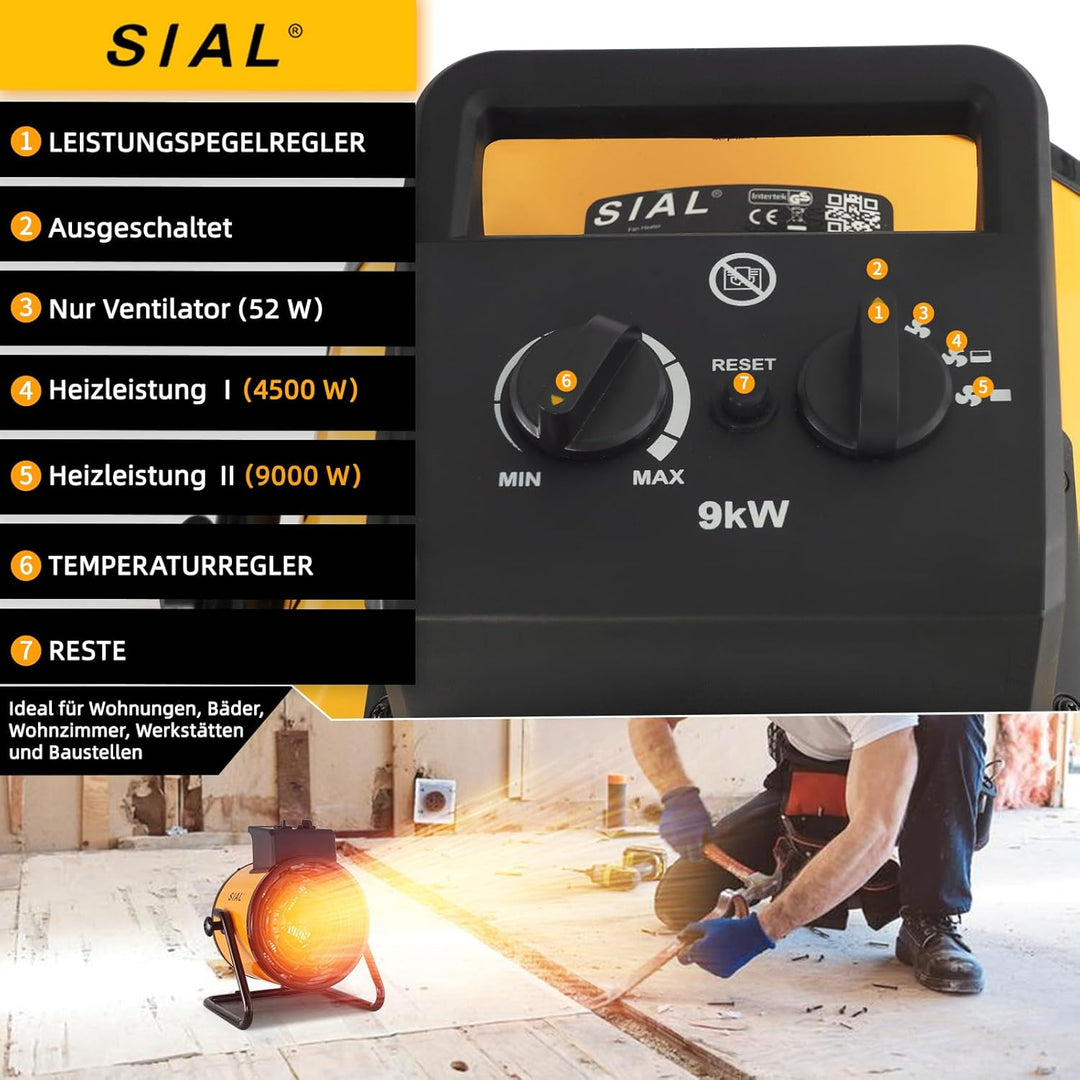 SIAL Industriell Heizlüfter 9000W, 400V - Elektrische Heizung - Heizstrahler Bauheizer - Heizgebläse