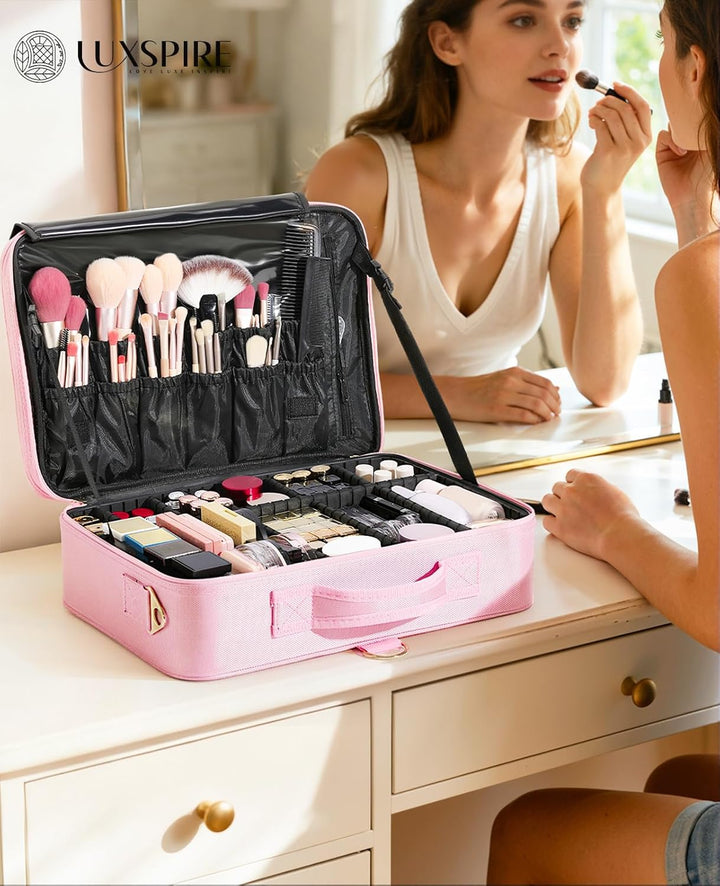 Luxspire 3 Schichten professioneller Makeup-Zug-Koffer, grosser Reise-Kosmetik-Organizer mit Spiegel