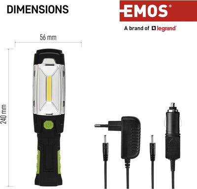 EMOS COB LED Arbeitsleuchte/Werkstattlampe mit Magnet und Haken, 40 Stunden Leuchtdauer, Lichtstrom