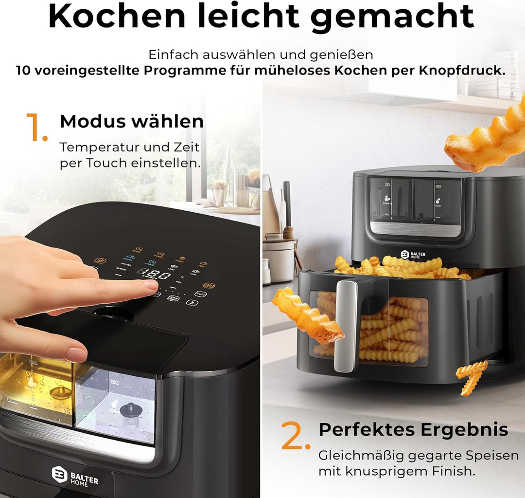 Balter Heissluftfritteuse Airfryer mit Öl- & Wasser-Spray Funktion für extra knusprige Speisen, 7,2L