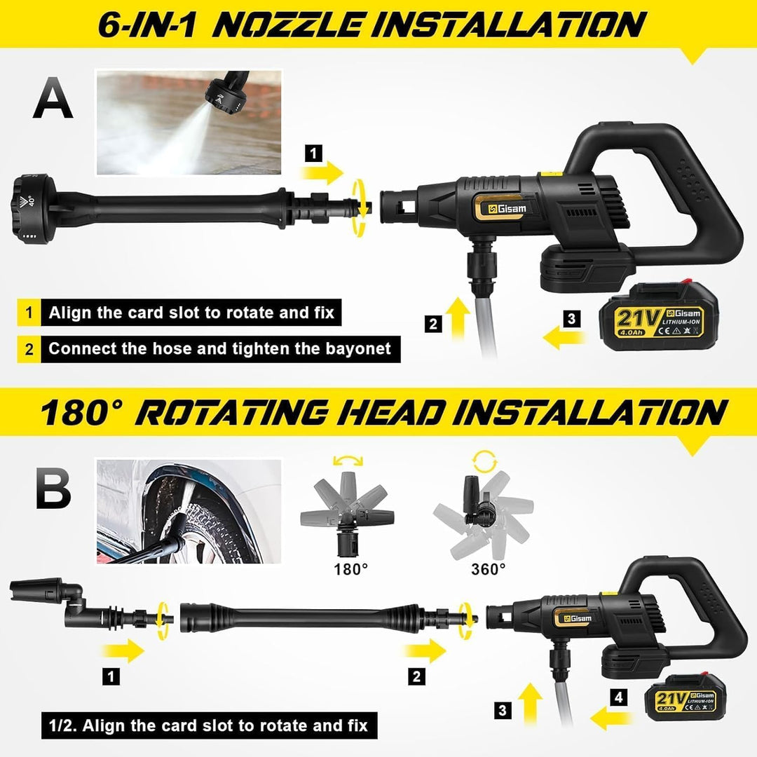 Akku Hochdruckreiniger, highsam Pressure Washer 3-Gang-Modus Max 65Bar, Druckreiniger Mobiler mit 2x