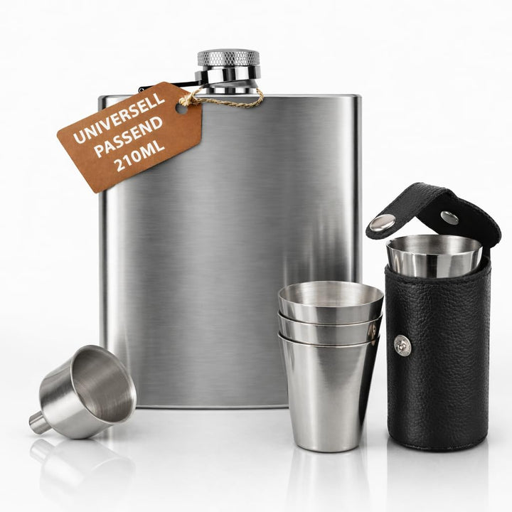 Oramics Flachmann Set 7-tlg. inkl. TRICHTER & BECHER – Edelstahl Taschenflasche gebürstet – Edles Mä