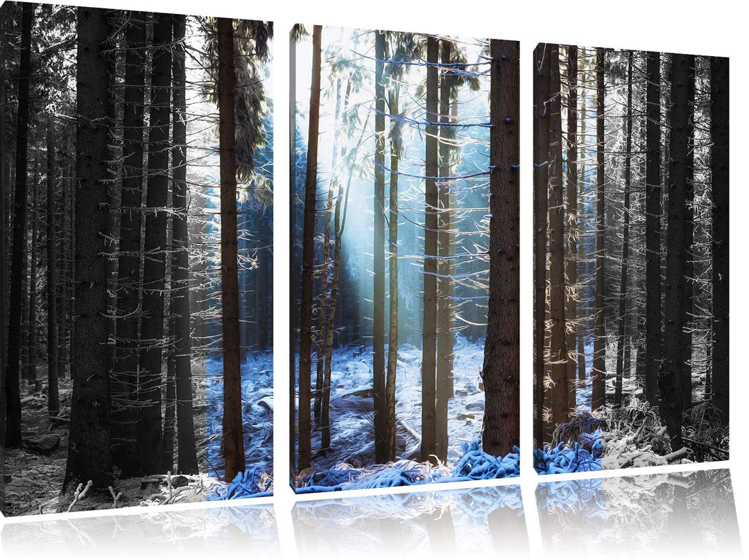 Pixxprint Sonne Winterwald als Leinwandbild | Grösse: 3 Teilig (120x80) | Wandbild| Kunstdruck | fer