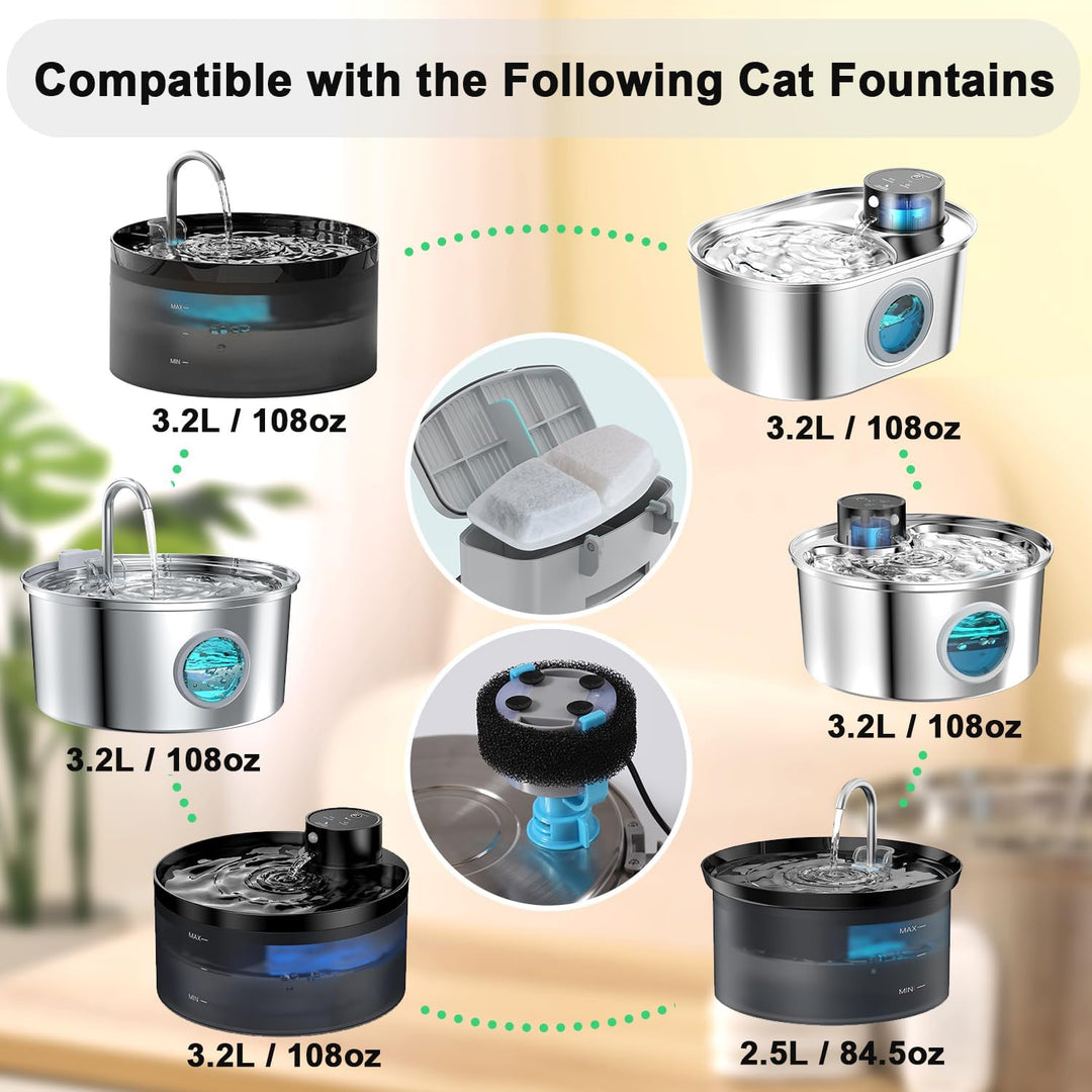 Katzenwasserbrunnen 16 PCS und 8 Kohlefilter + 8 Schwämme, Katzenwasserbrunnenfilter mit dreifacher