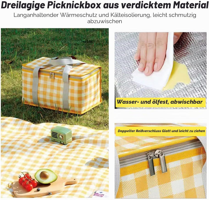 Isolierte Picknickkörbe, 35 x 20 x 20 cm Kühltasche Picknicktasche 15L, mit 150 x 200 cm Picknickdec