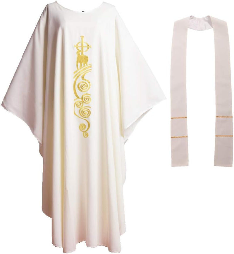 BLESSUME Chasuble Kirche Lamm Gestickter Priester Gewänder Kein Kragen Weiss