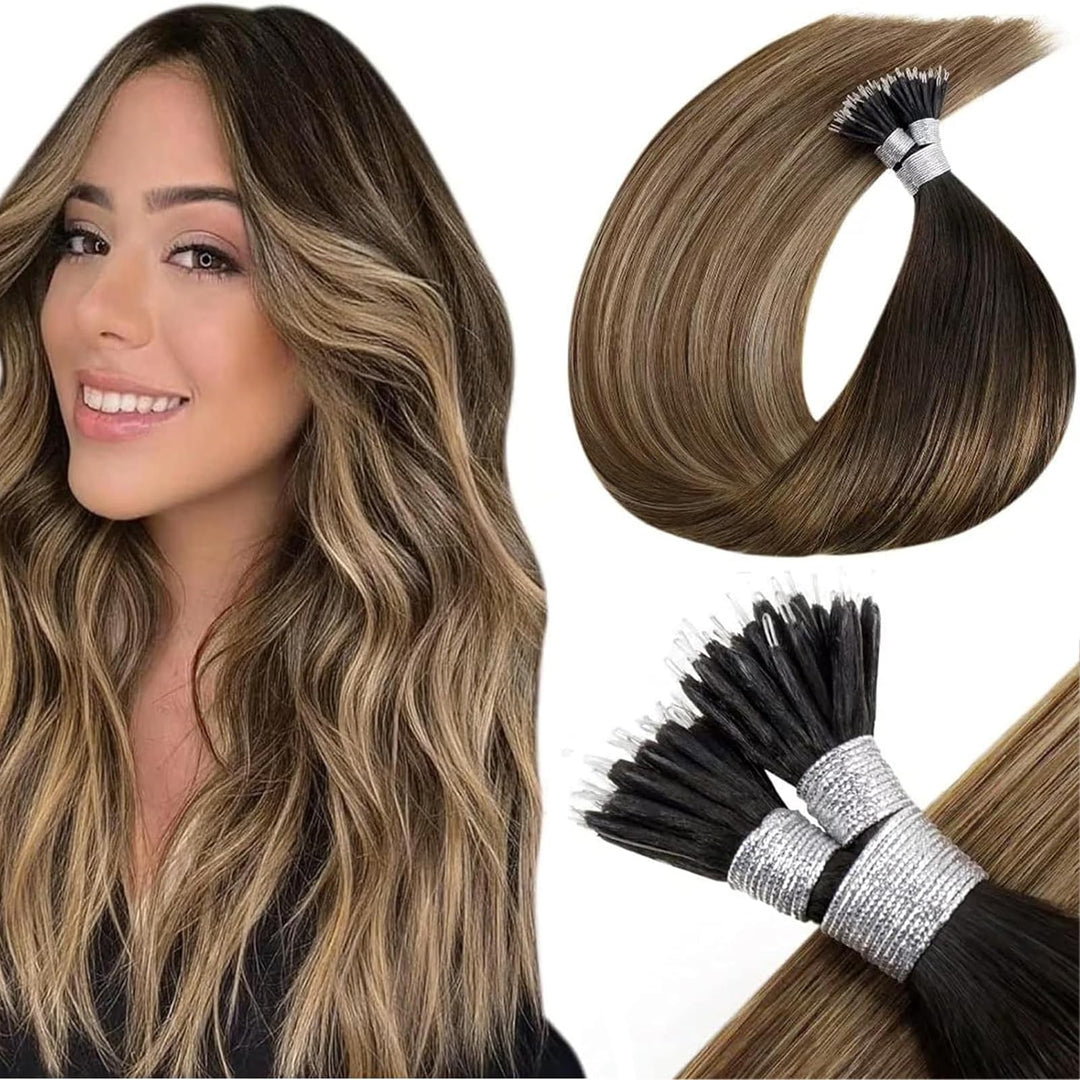 LaaVoo Balayage Echthaar Nanoring Extensions Dunkelstes Braun mit Mittel Braun und Aschblond 35 cm C