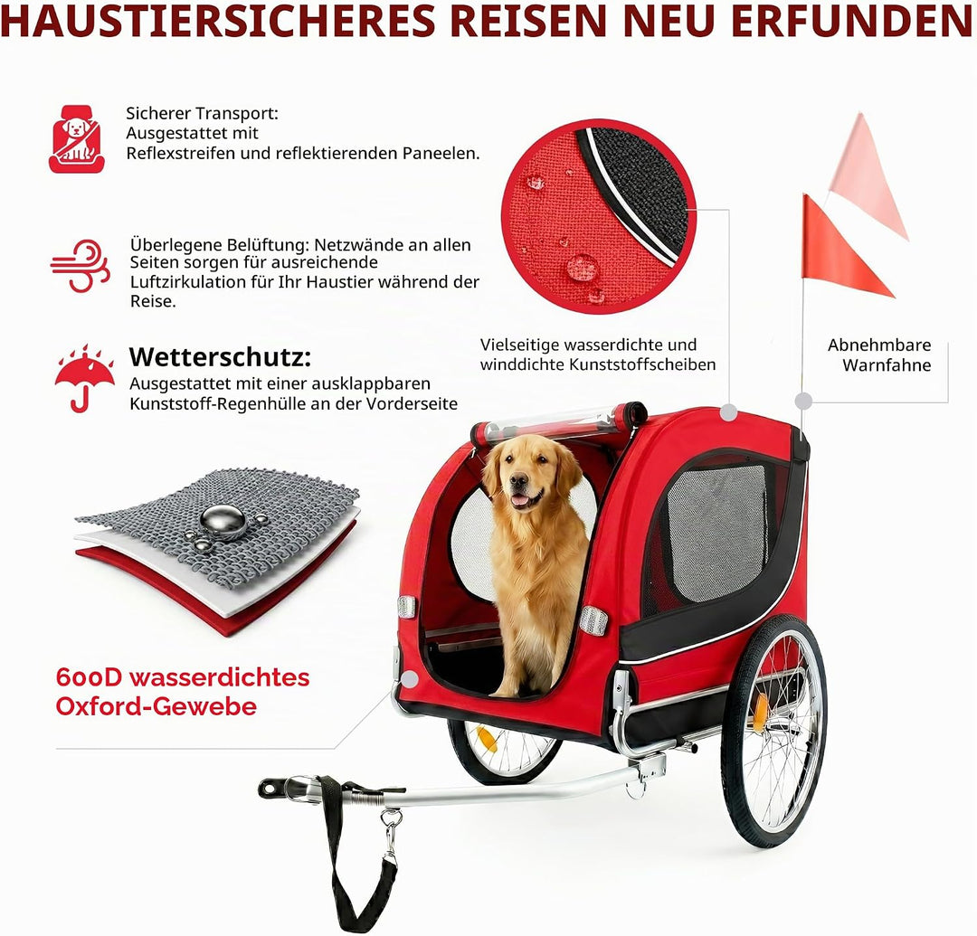 Klappbarer Hundefahrradanhänger &amp; Hundebuggy mit Dachöffnung Rot, Rot