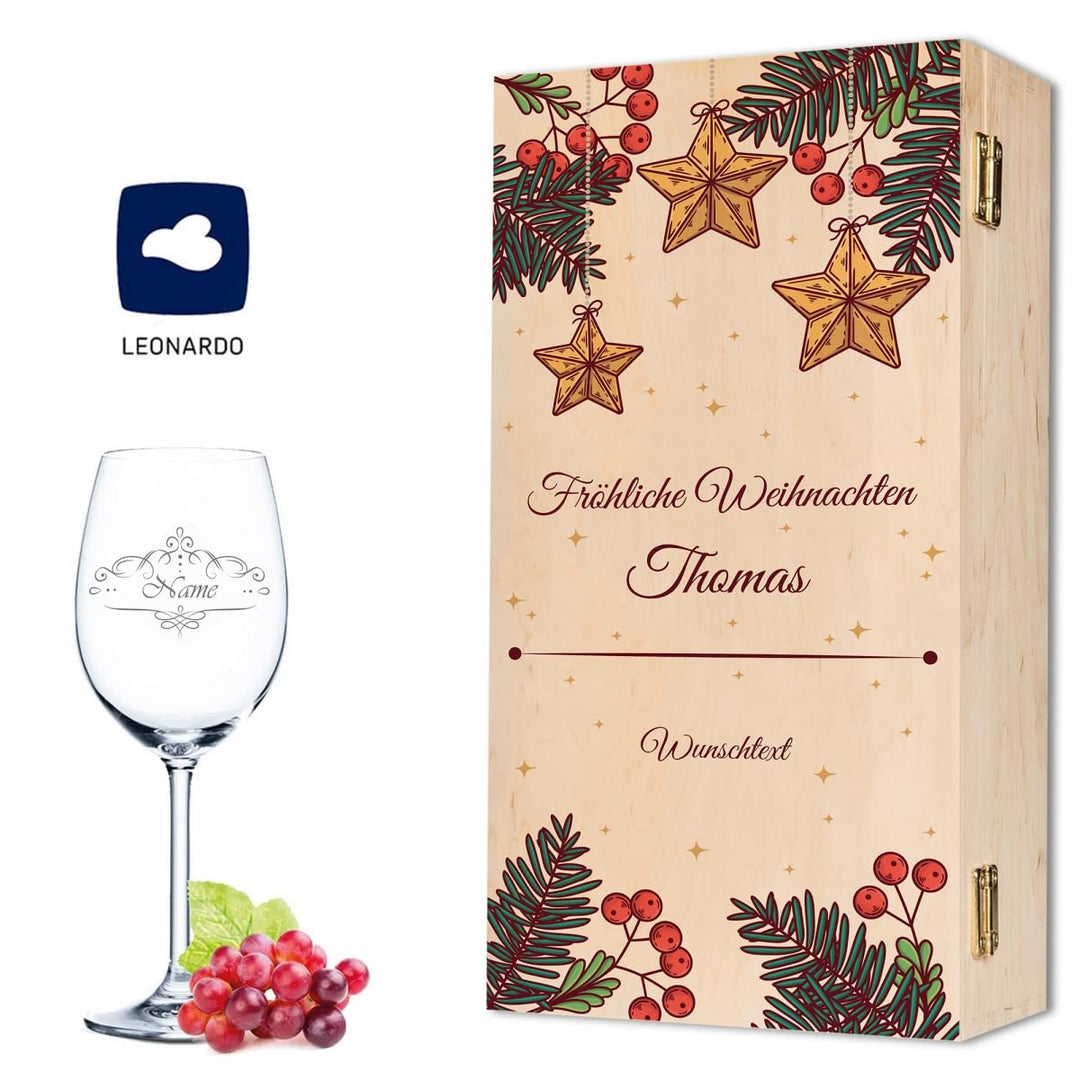 Leonardo Weingläser mit Gravur im - Weihnachtsstern - Design als Set inkl. Holzkiste - Geschenk für