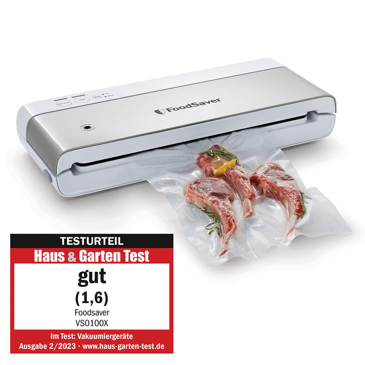 FoodSaver kompaktes Vakuumiergerät mit Handheld-Vakuumierer | 1 Rolle & 4 Beutel | Silber mit weisse