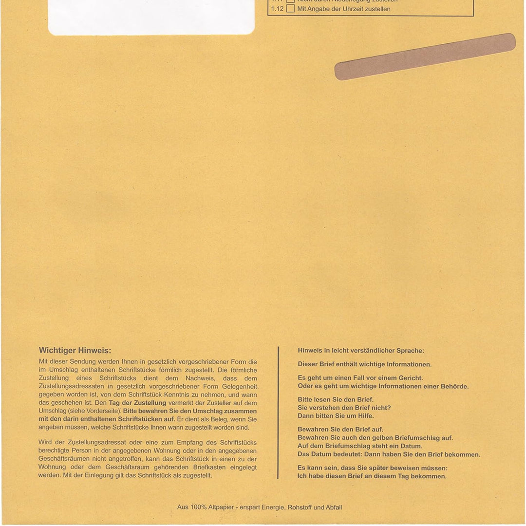 Postzustellungsumschläge C4 „ Förmliche Zustellung “ - Postzustellungshüllen C4 mit Fenster (229 x 3