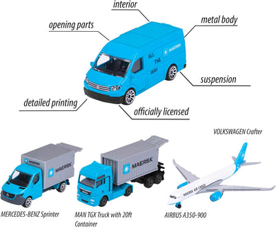 Majorette - Maersk Transport-Fahrzeuge (Geschenkset) - 4 Modellfahrzeuge aus Metall (Man Truck, Merc