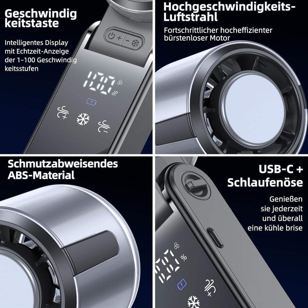 Handventilator Akku Aufladbar, Tragbarer Klein Turbo-Ventilator mit 100 Stufen Wind, 3-in-1 Mini Ven