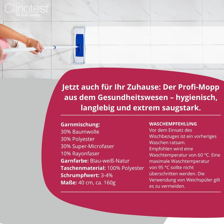 Clinotest Professioneller Wischmopp 40 cm – Hohe Schmutz- & Wasseraufnahme, waschbar bis 95°C, wiede