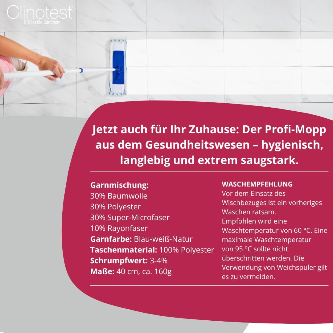 Clinotest Professioneller Wischmopp 40 cm – Hohe Schmutz- & Wasseraufnahme, waschbar bis 95°C, wiede