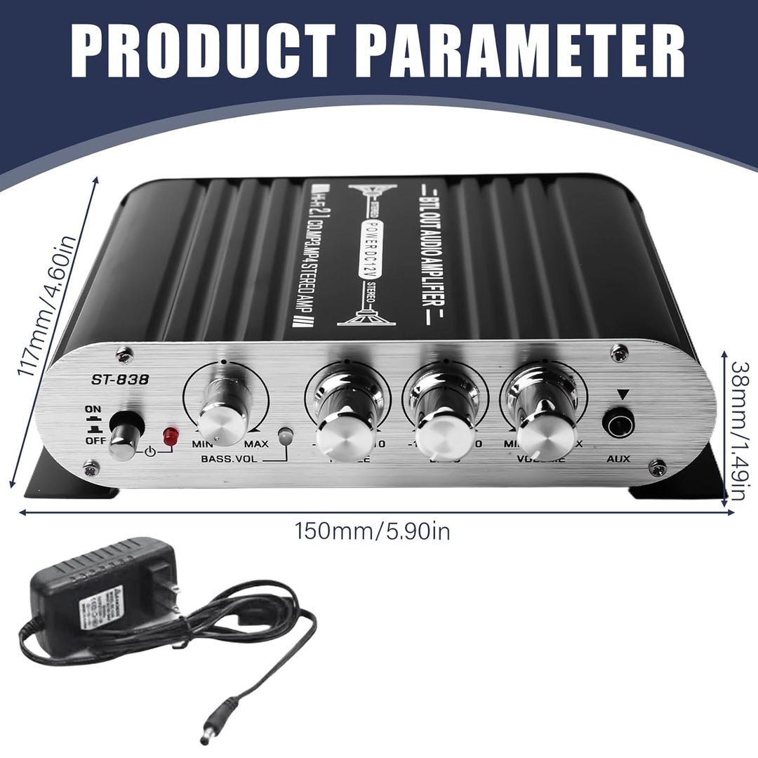 Leikurvo HiFi-Verstärker, 2.1CH Stereo Verstärker, RMS 20Wx2+40W ST-838 Mini Hifi Verstärker Subwoof