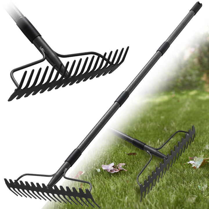 Gartenrechen 190 cm - Robuste Metall Gartenharke mit Stiel und 17 Zinken für Rasen, Laub & Boden | R