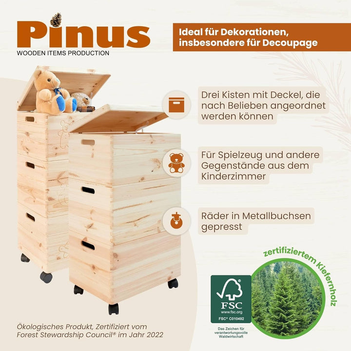 Pinus - Spielzeugkiste Holz mit Deckel 3-in-1, Spielzeug Aufbewahrung Standard, 39x30x74 cm, Aufbewa