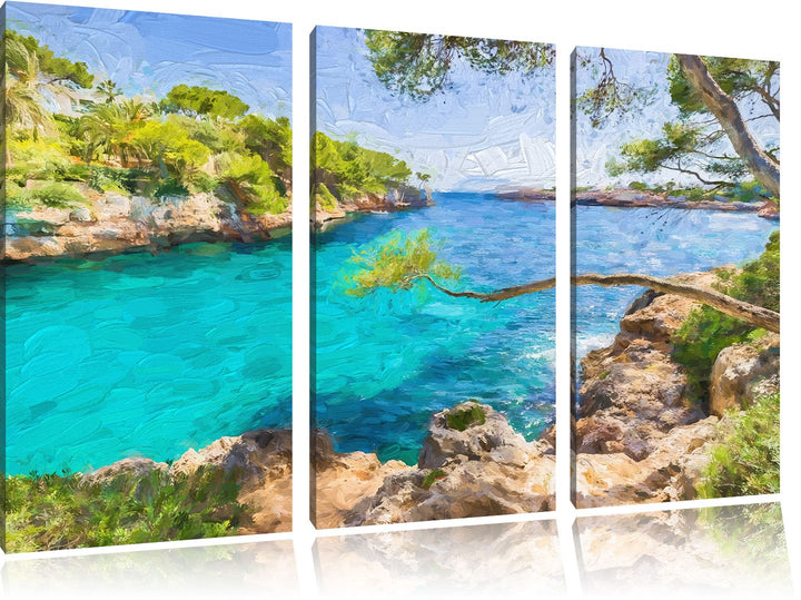 Pixxprint Idyllische Ansicht des Mittelmeers am Mallorca Bay Cove Kunst Pinsel Effekt 3-Teiler Leinw