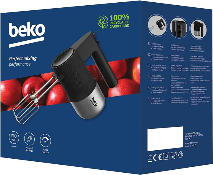 Beko HMM81504BX, 500 Watt, 4 Geschwindigkeiten + Turbo, 2 Schneebesen und 2 Knethaken aus Edelstahl,