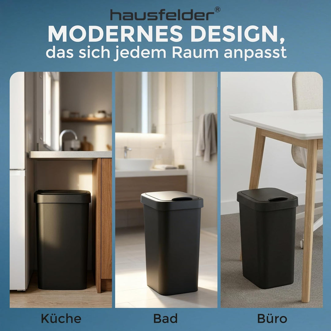 Hausfelder Mülleimer 25l mit Deckel schwarz, Abfalleimer Küche schmal 30x25 cm, Schwingdeckel für Re